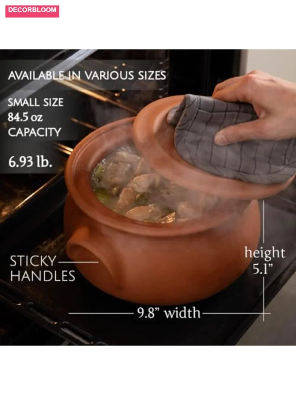 Handmade Terracotta Clay Cooking Pot with Lid, 2.5L, Stovetop & Oven Safe,